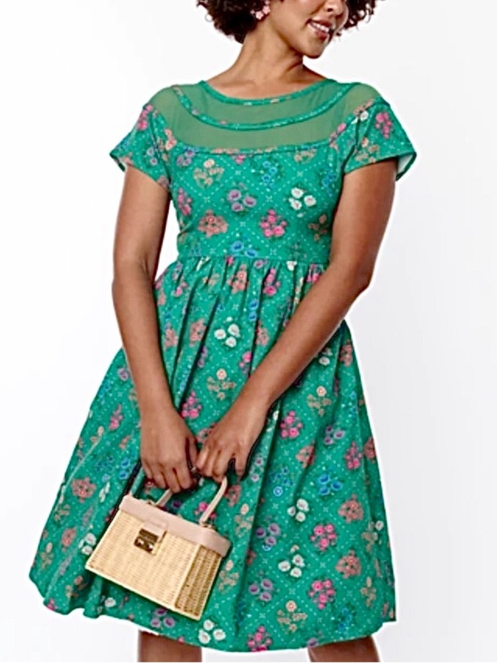 Unique Vintage Green Floral Argyle Fit and Flare Dress NWT 1X